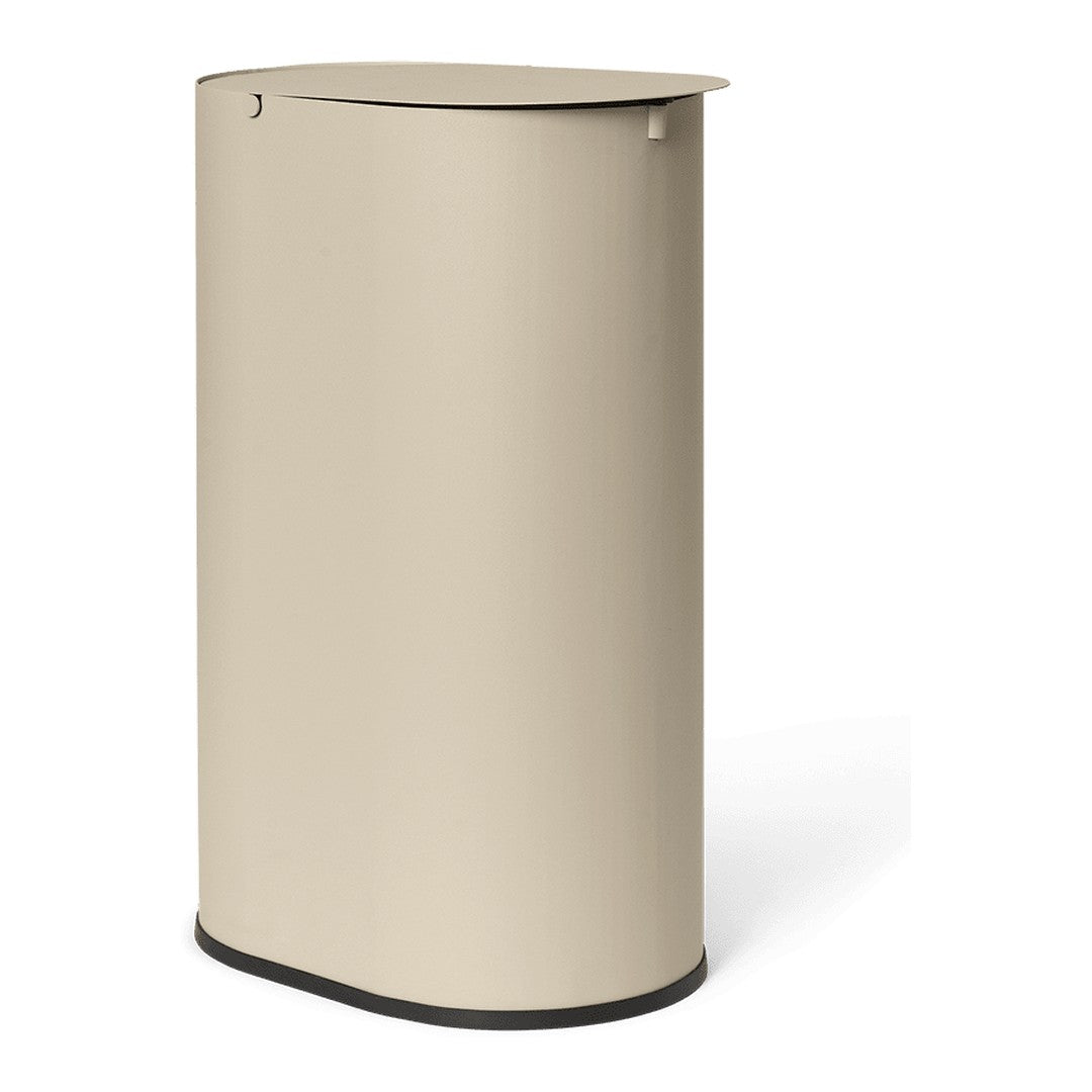 Sleek beige trash can with a smooth surface and subtle curves, featuring a contrasting black base.