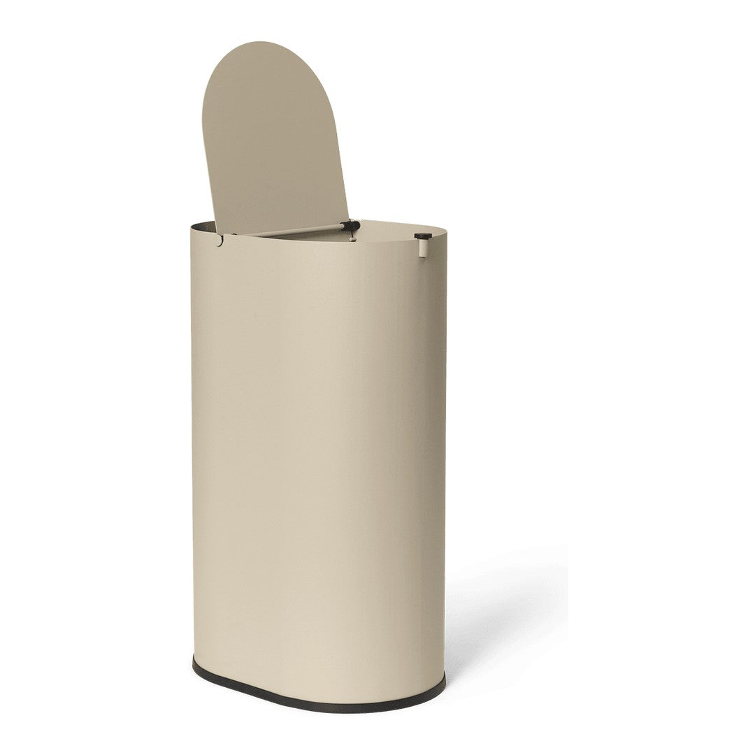 Beige cylindrical trash can with a sleek, minimalist design and a rounded lid, featuring a black base.