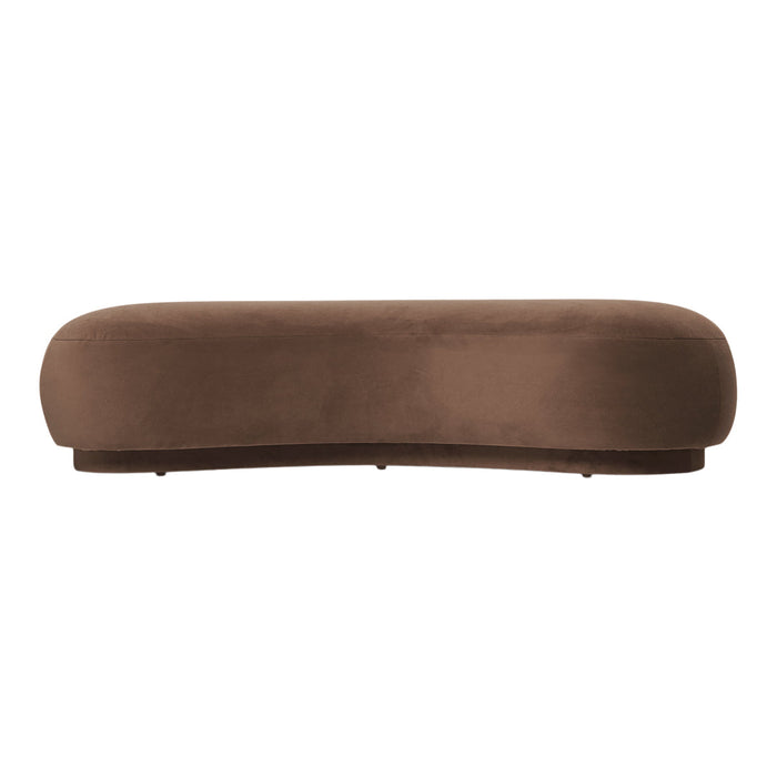 Soft brown, curved velvet bench with a smooth, solid color design, ideal for modern decor.