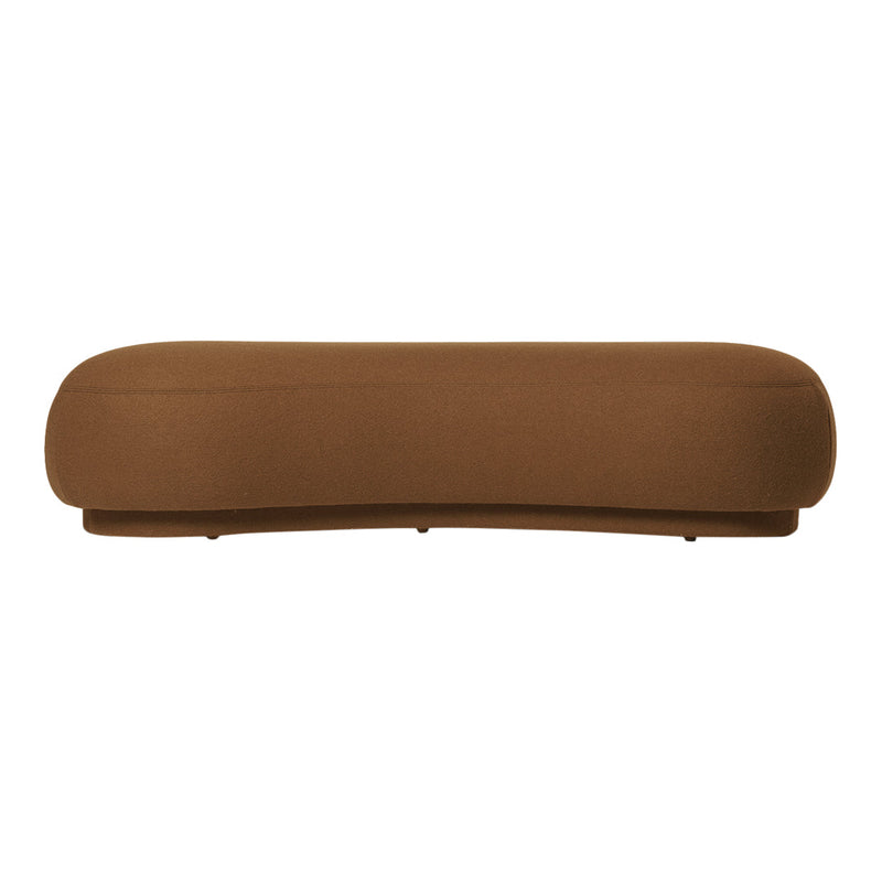 Brown upholstered bench with a smooth, rounded design, showcasing a solid, rich color. Perfect for modern decor.