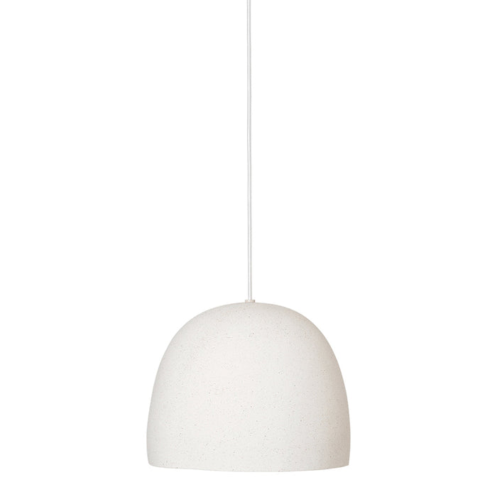 White modern pendant lamp with a smooth, rounded design, hanging from a slender cord. Ideal for minimalist decor.