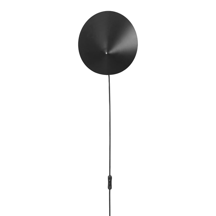 Sleek black circular pendant light with a matte finish and minimalist design. Ideal for modern decor.