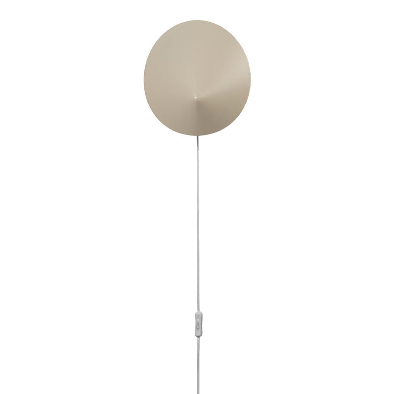 Minimalist beige wall lamp with a sleek circular shade and elegant white cord. Perfect for modern decor.