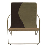 Stylish chair featuring a curved pattern in olive green and dark brown tones. Modern design with a minimalist frame.