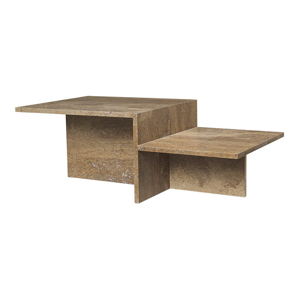 Modern coffee table in earthy beige tones with sleek, geometric lines and a textured surface pattern.