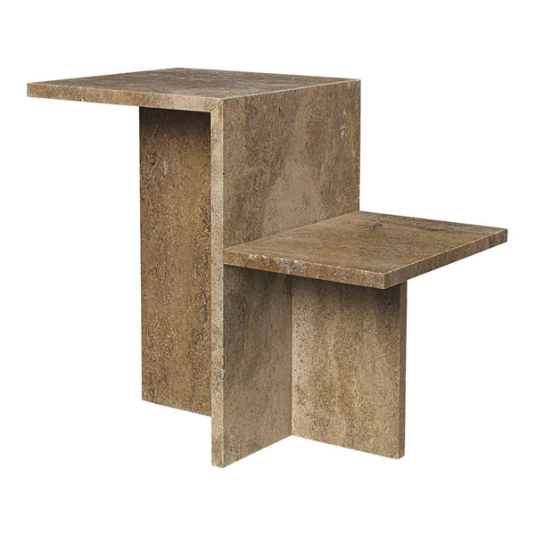 Stylish L-shaped side table in warm beige tones with a textured, stone-like finish. Perfect for modern decor.