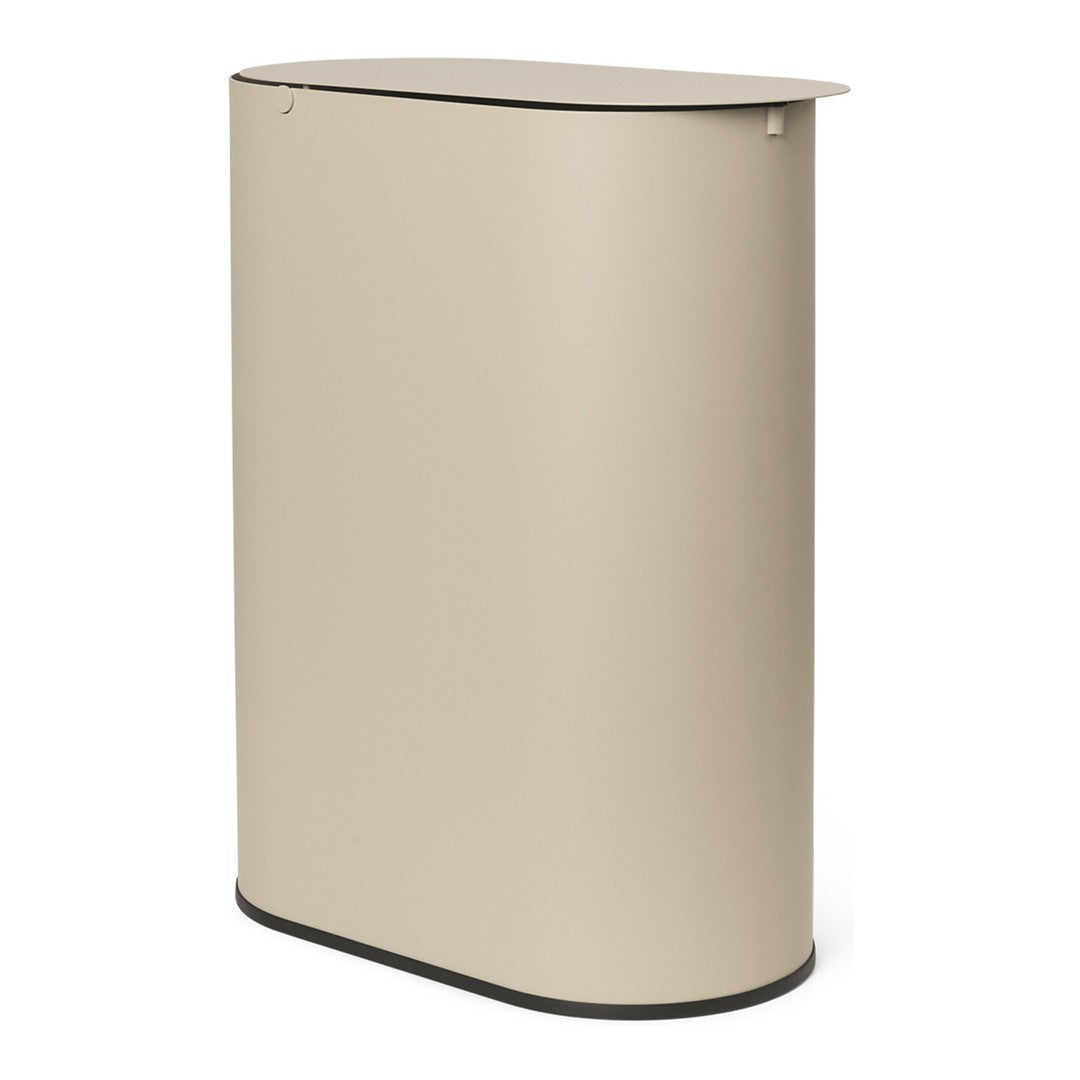 Beige, minimalist trash can with a smooth finish and a subtle black base. Ideal for modern decor.