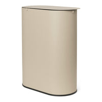 Beige, minimalist trash can with a smooth finish and a subtle black base. Ideal for modern decor.