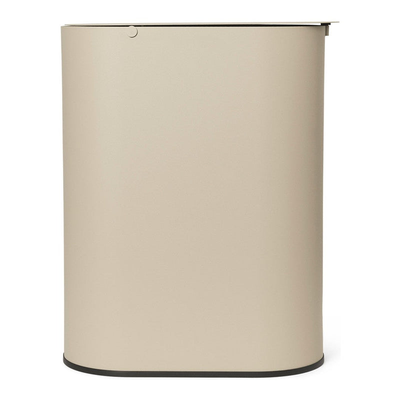 Beige storage bin with a sleek, smooth finish and a contrasting black base for a modern look.