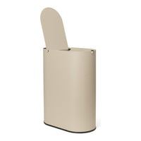 Beige cylindrical trash can with a lid and black base, featuring a smooth, modern design. Ideal for contemporary spaces.