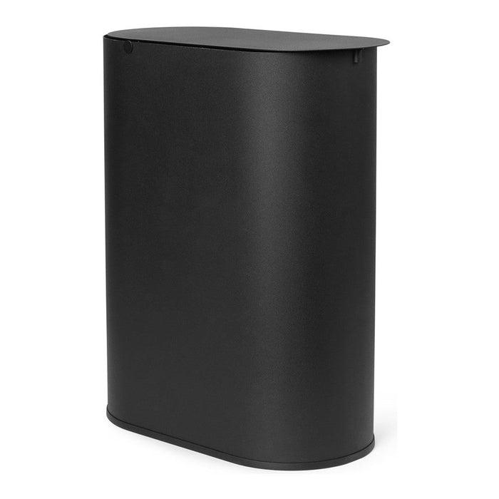 Sleek black trash can with a minimalist design and smooth matte finish, perfect for modern decor.
