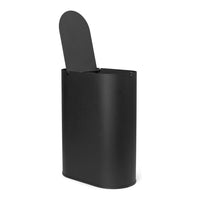 Sleek black metal trash can with a smooth matte finish and a contoured lid for modern decor.