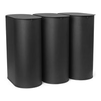 Set of three sleek black storage bins with smooth, matte finish and contemporary oval tops. Perfect for modern decor.