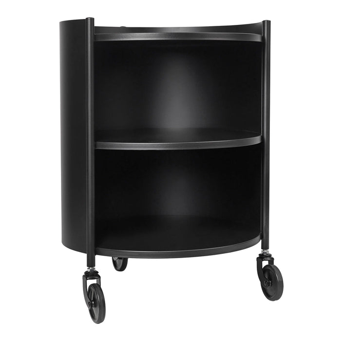 Black circular rolling cart with smooth surfaces and two open shelves, minimalist design.