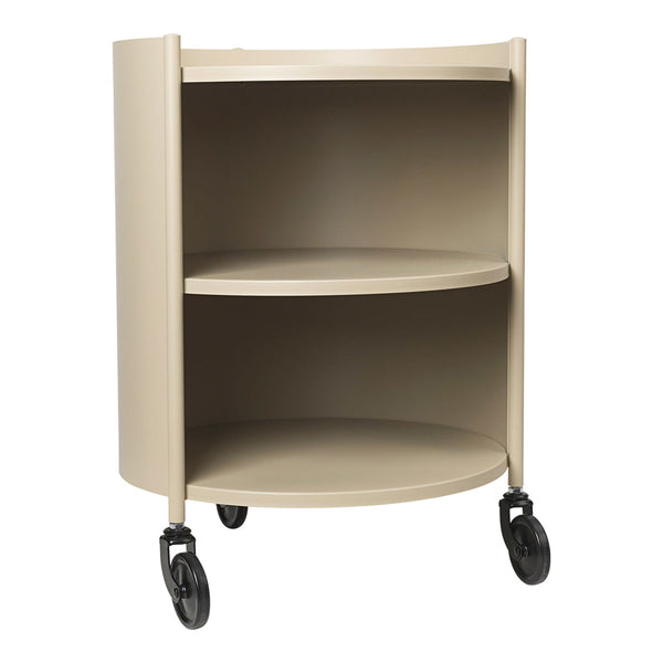 Tan rolling cart with two curved shelves and black wheels, featuring a smooth, minimalist design. Perfect for organizing spaces.