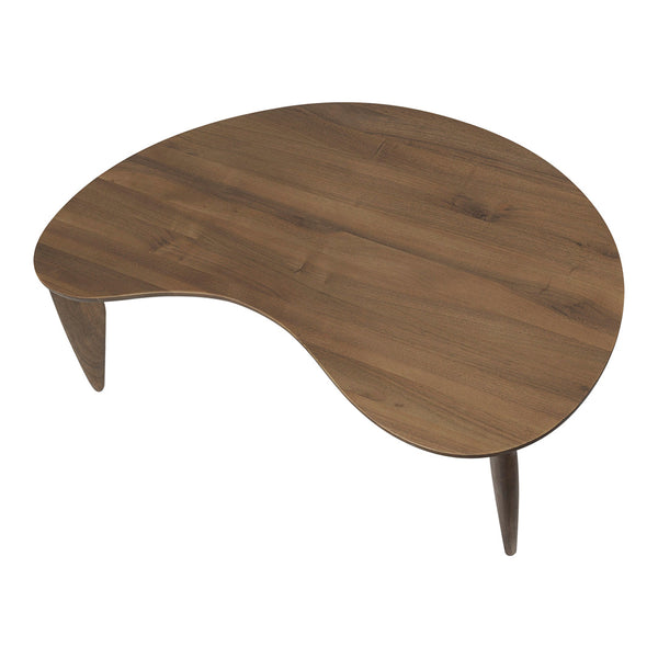 Organic-shaped brown wooden coffee table with a smooth finish and tapered legs, showcasing a sleek, modern design.