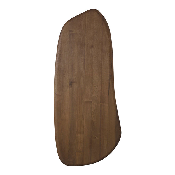 Natural walnut wood cutting board with a smooth, organic shape and rich brown tones, showcasing wood grain texture.