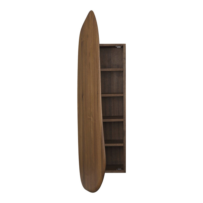 Wooden surfboard shelf with a smooth, natural finish and rich brown tones. Minimalist design with vertical lines.
