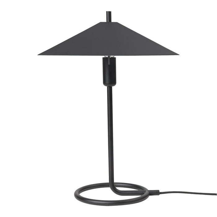 Black minimalist table lamp with a sleek triangular shade and circular base, featuring a modern industrial design.