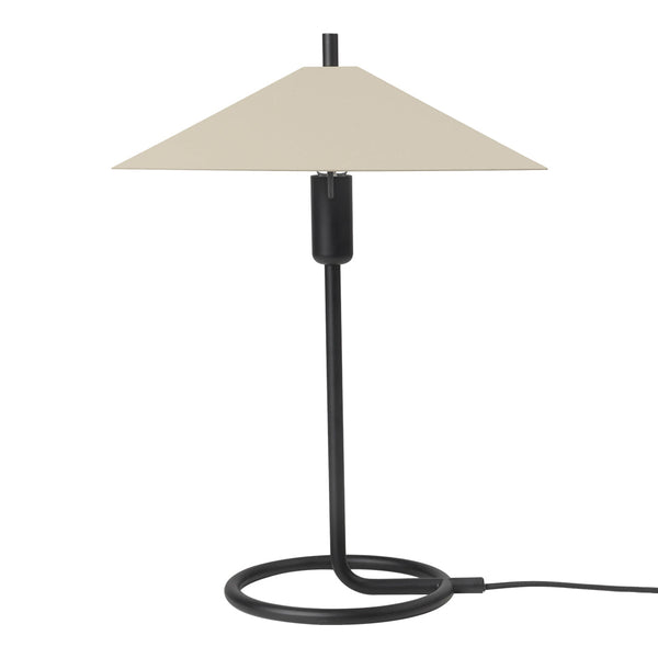 Modern black table lamp with a smooth beige triangular shade and minimalistic design. Ideal for contemporary decor.