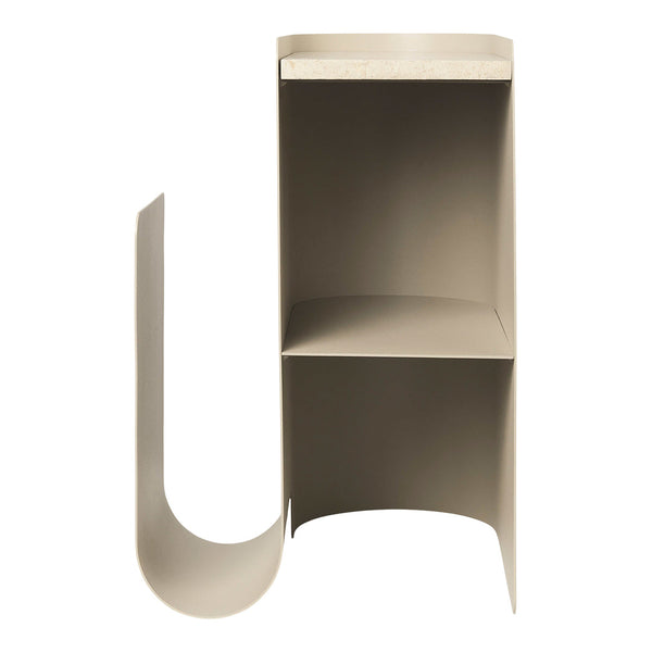Beige metal shelf with a sleek, minimalist design featuring smooth curves and contemporary lines.