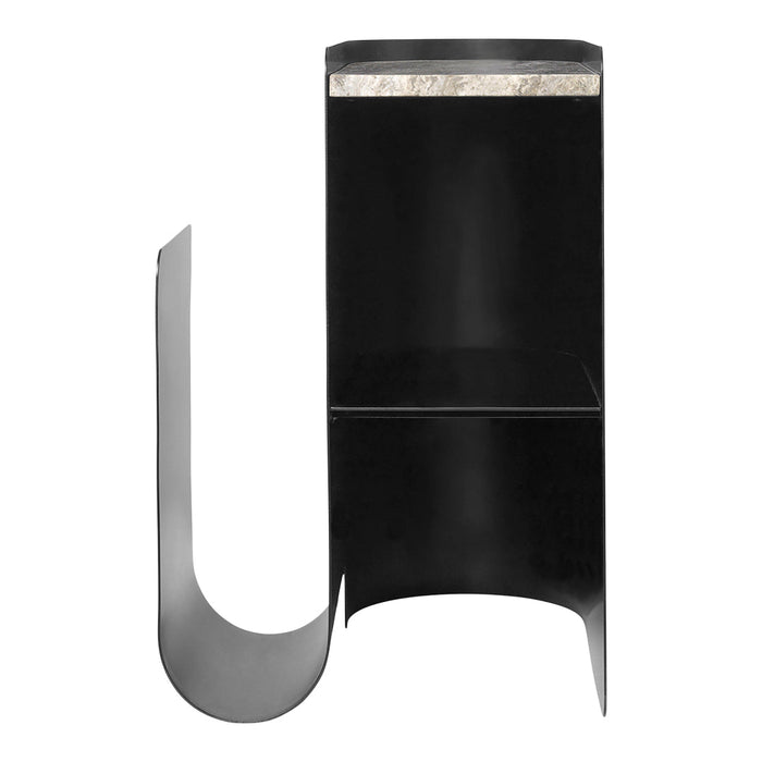 Black metal magazine rack with a sleek, minimalist design and a contrasting silver top accent. No decorative patterns.