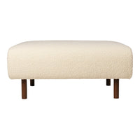 Cream-colored ottoman with a textured, fluffy fabric and wooden legs, perfect for modern decor.
