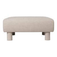 Beige fabric ottoman with a smooth, minimalist design and rounded edges, featuring four short, sturdy legs.