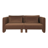 Brown two-seater sofa with a smooth texture and minimalist design, featuring matching cushions and a modern silhouette.