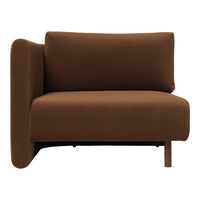 Brown velvet corner sofa with a modern design and smooth, clean lines. Perfect for contemporary living spaces.