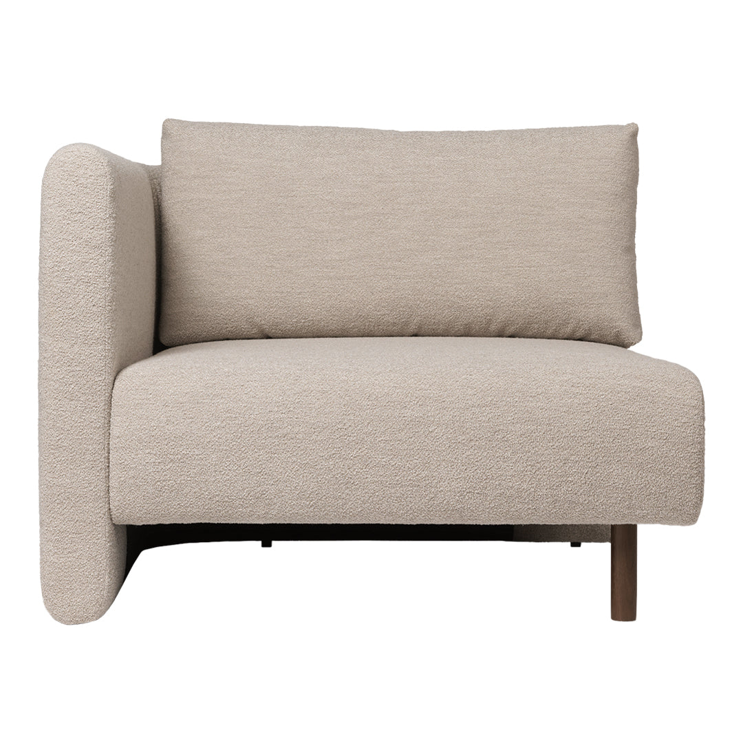 Beige upholstered chair with a textured fabric pattern and minimalist design, featuring clean lines and a modern look.