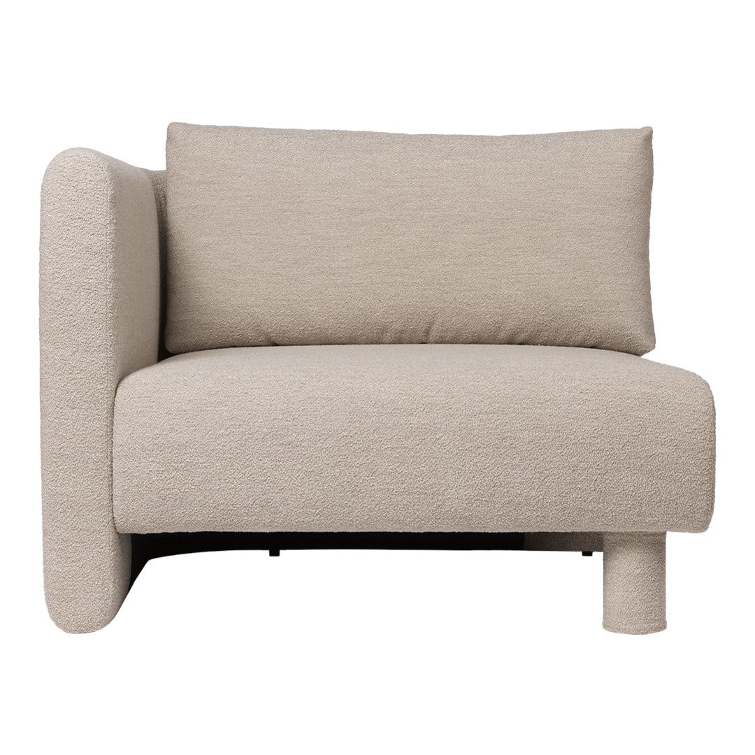 Beige corner sofa with a smooth, textured fabric and minimalist design, featuring a simple, modern shape.