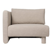 Beige corner sofa with a smooth, textured fabric and minimalist design, featuring a simple, modern shape.