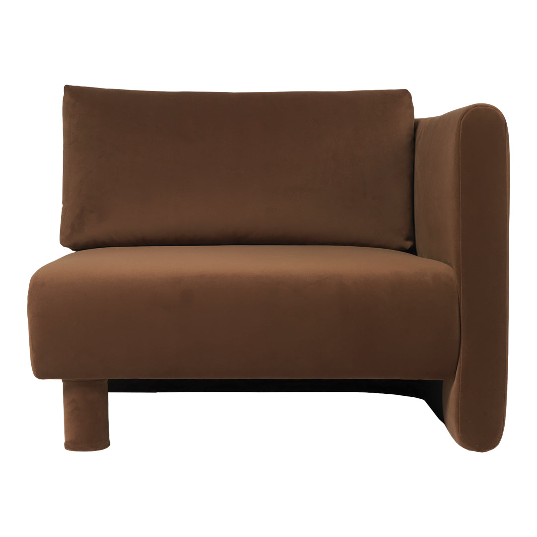 Brown, modern sofa with a sleek, minimalist design and soft, velvety texture. Perfect for contemporary decor.
