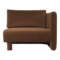 Brown, modern sofa with a sleek, minimalist design and soft, velvety texture. Perfect for contemporary decor.