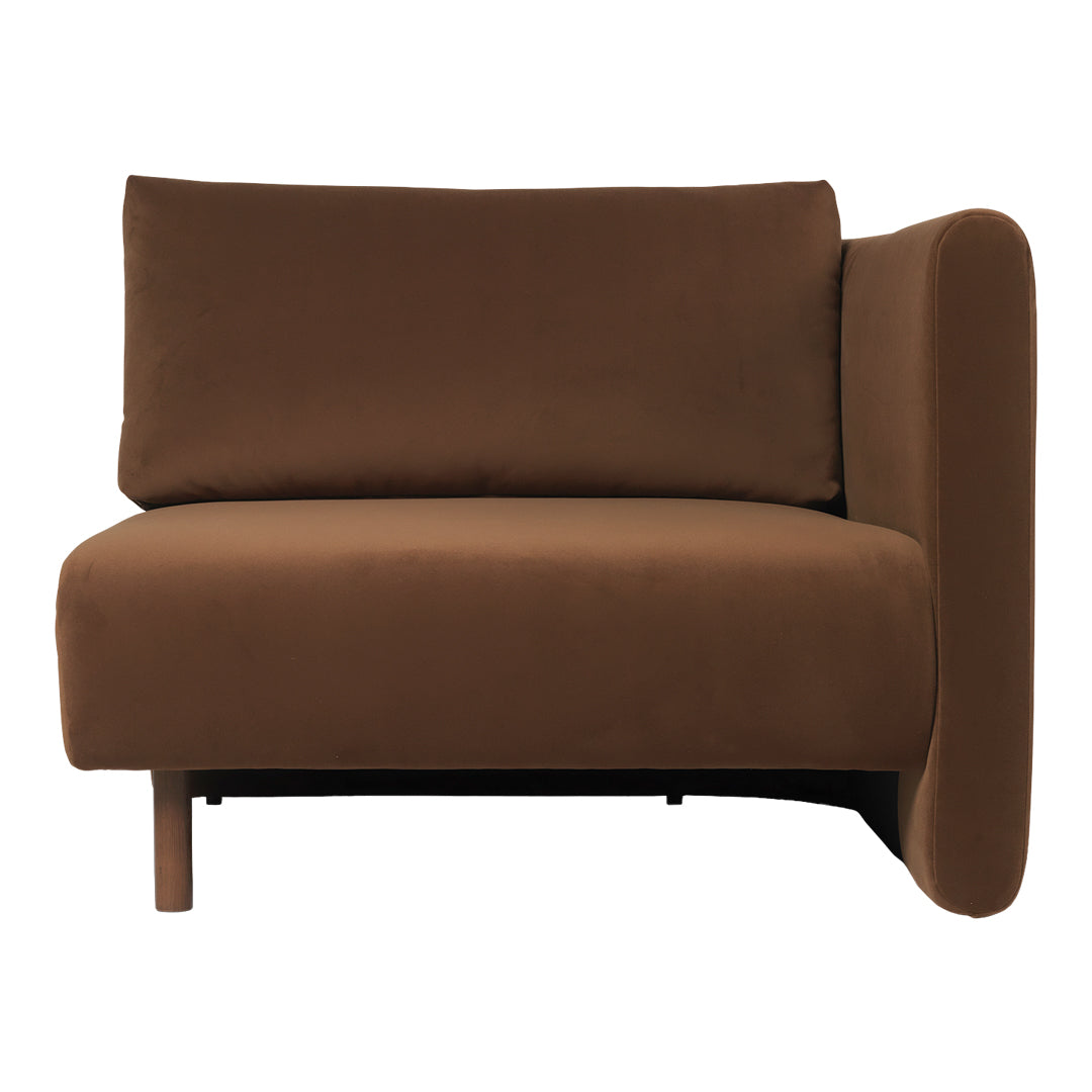 Brown fabric loveseat with sleek, modern design and rounded contours, perfect for contemporary decor.