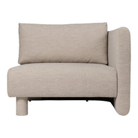 Beige modern couch with textured fabric and minimalist design, featuring a unique, rounded backrest.