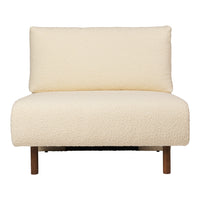 Cream textured chair with soft fabric and minimalistic design, featuring simple wooden legs and a modern aesthetic.