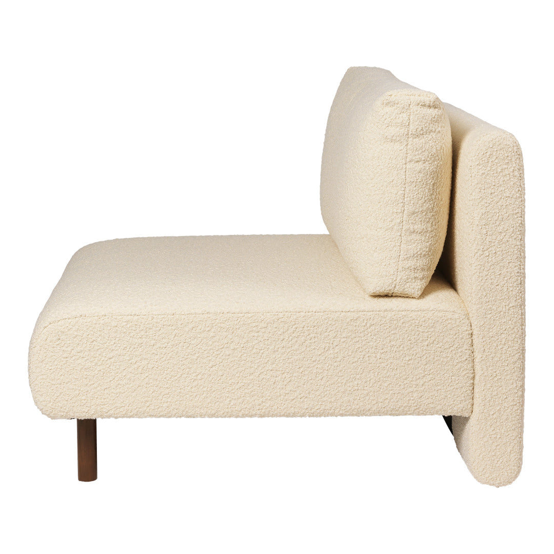 Cream-colored sofa with a textured boucle finish and wooden legs, perfect for a cozy, modern aesthetic.