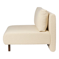 Cream-colored sofa with a textured boucle finish and wooden legs, perfect for a cozy, modern aesthetic.