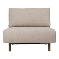 Beige upholstered chair with a smooth texture and minimalist design. Features a solid wood frame for a modern look.