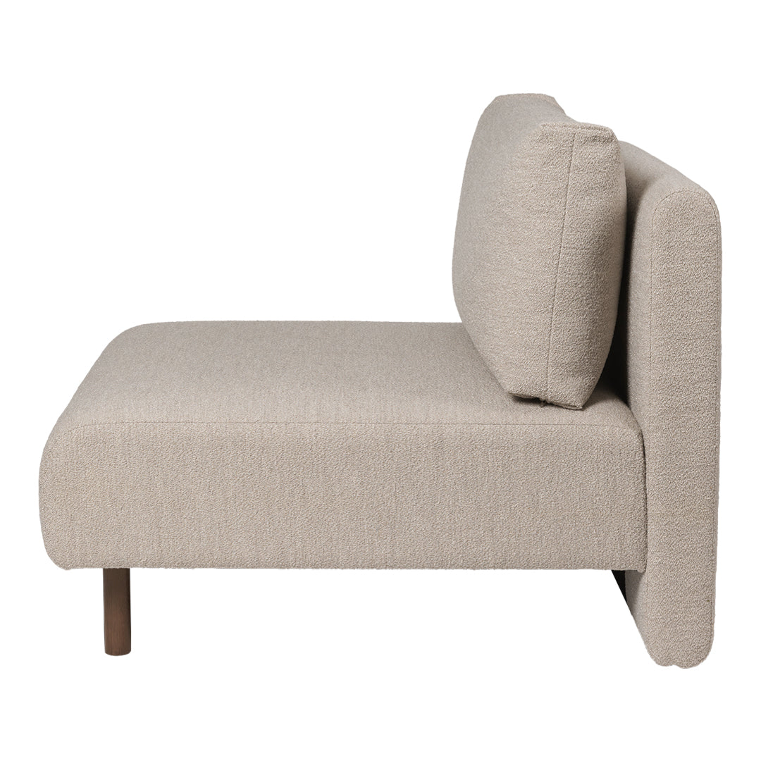 Beige upholstered sofa with a minimalist design and subtle texture, featuring a simple wooden base.
