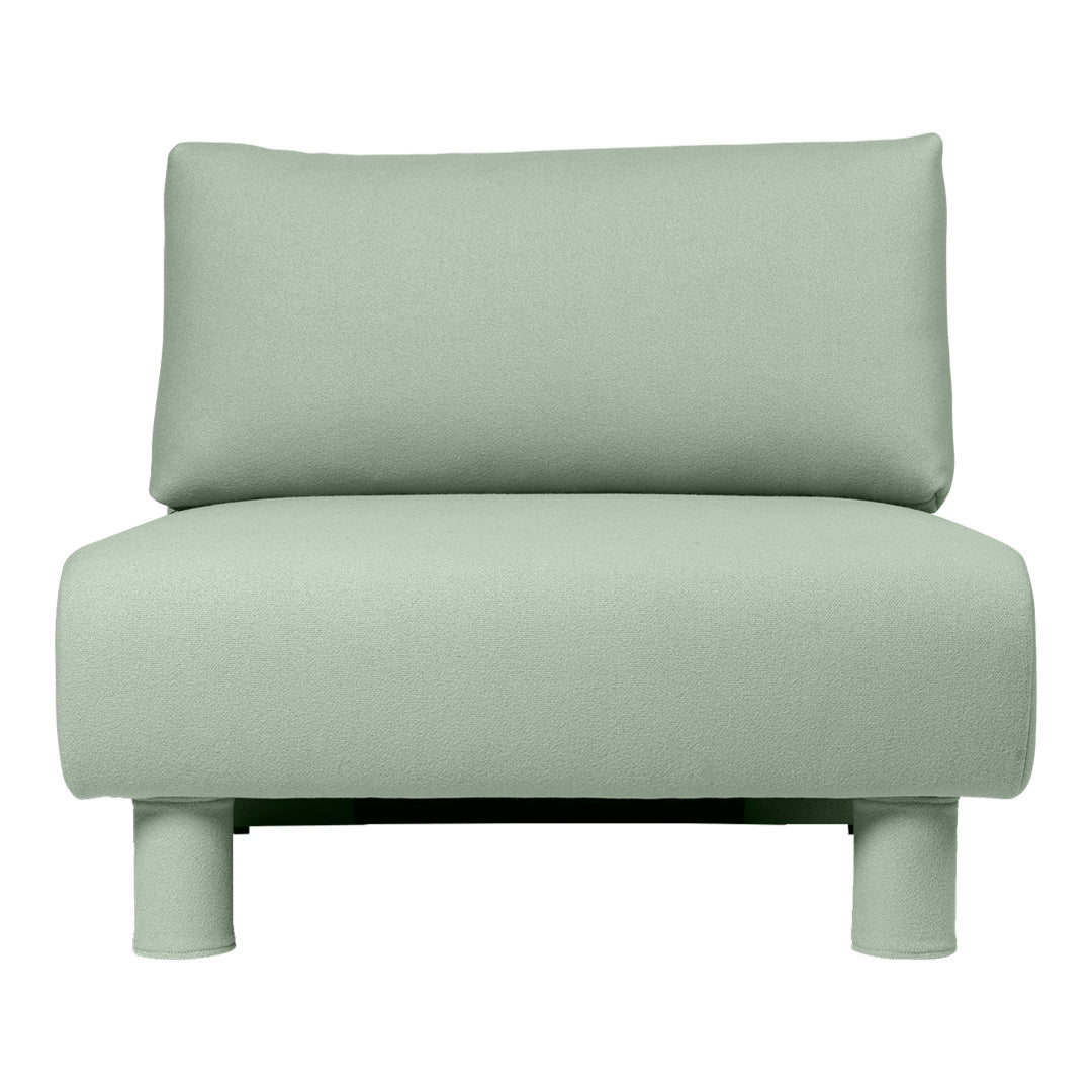 Light green sofa with a smooth, minimalist design and rounded legs, perfect for modern living spaces.