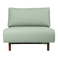 Light mint green upholstery on a contemporary chair with a simple, modern design and wooden legs.