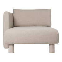 Beige textured chair with a minimalist design, featuring a modern shape and soft fabric upholstery.