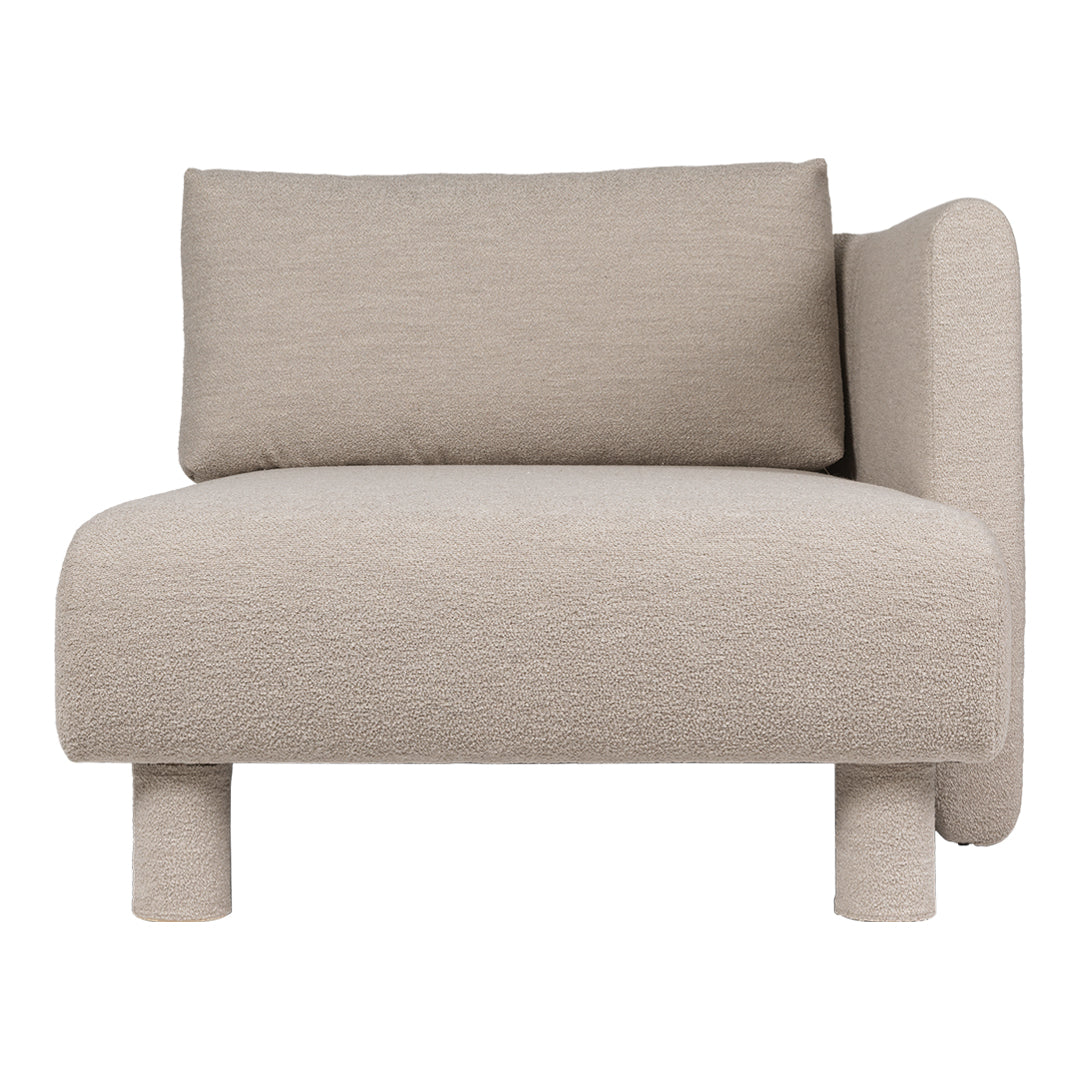 Beige fabric armchair with a minimalist design and soft texture, featuring a simple, modern aesthetic.