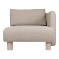 Beige fabric armchair with a minimalist design and soft texture, featuring a simple, modern aesthetic.
