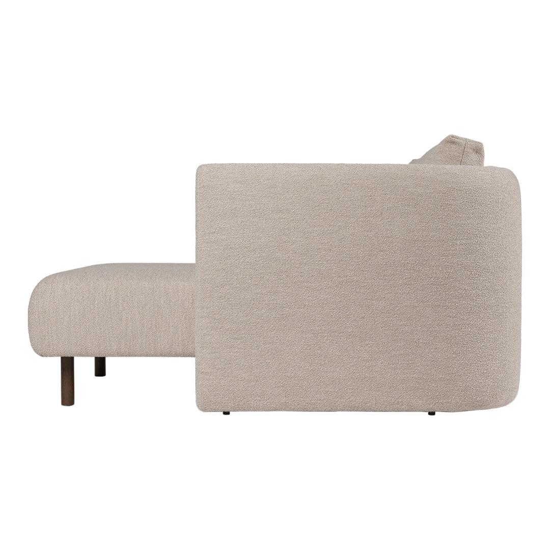Beige, textured fabric sofa with a sleek, minimalist design and wooden legs, perfect for modern living spaces.