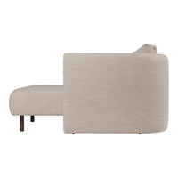 Beige, textured fabric sofa with a sleek, minimalist design and wooden legs, perfect for modern living spaces.
