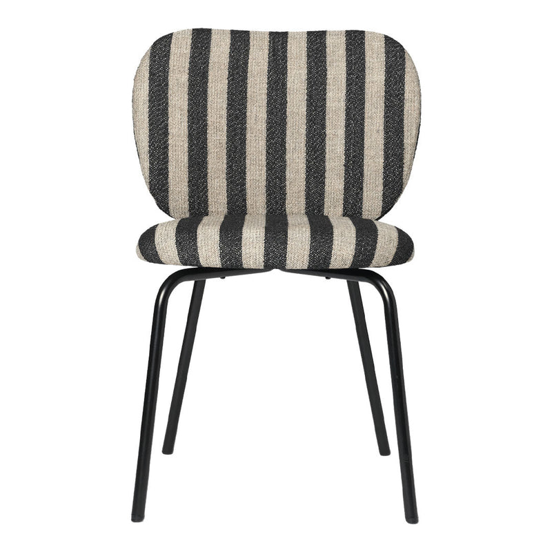 Striped chair in neutral tones of black and beige, featuring bold vertical lines on a soft-textured fabric.